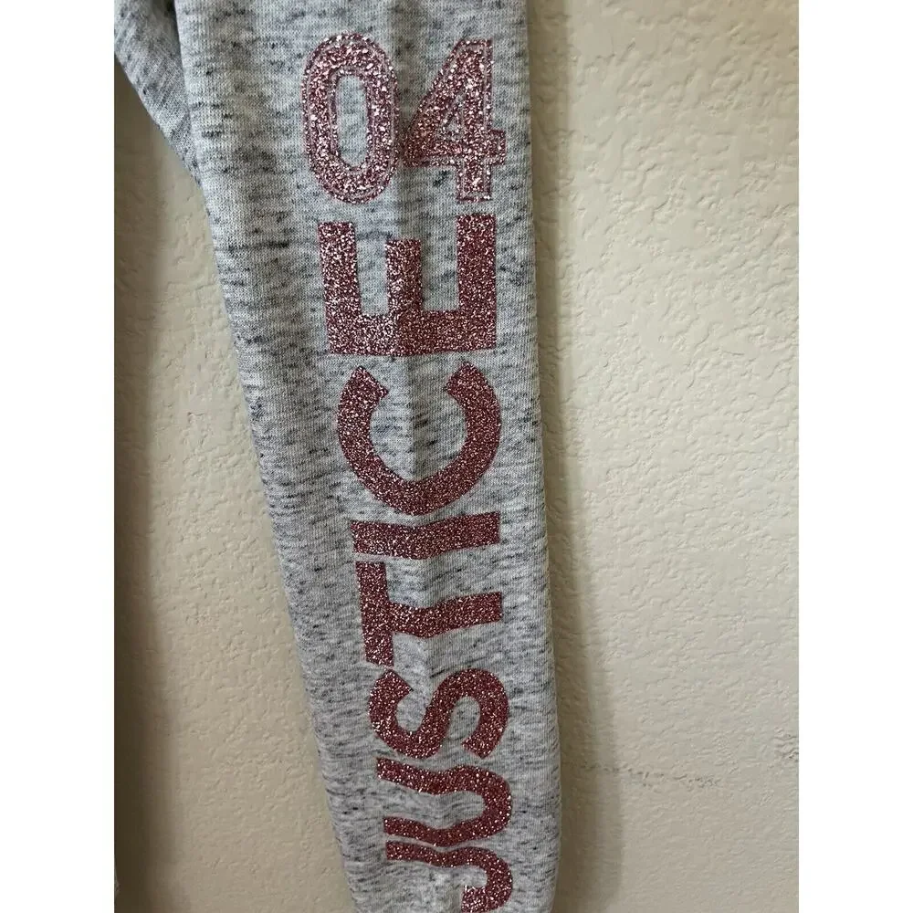 Justice Gray Rose Gold Sparkle Logo Mid Rise Full Length Joggers Pants Size 8